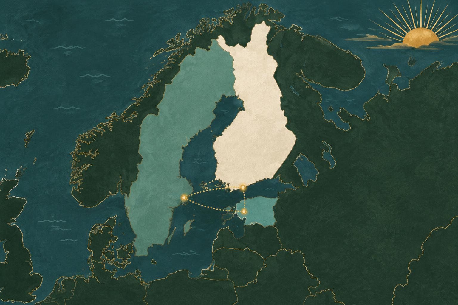 Kuvitettu kartta Suomesta, Ruotsista ja Virosta reittiviivoin